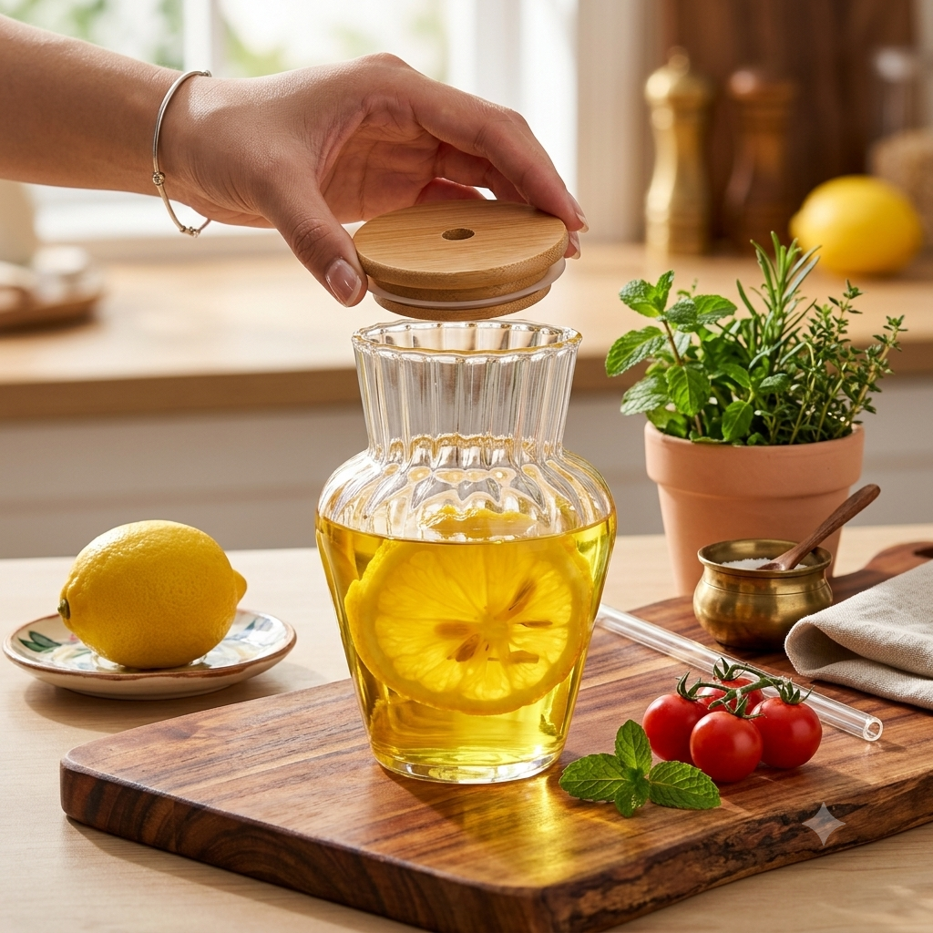 Premium Ribbed Glass Drinking Carafe With Bamboo Lid