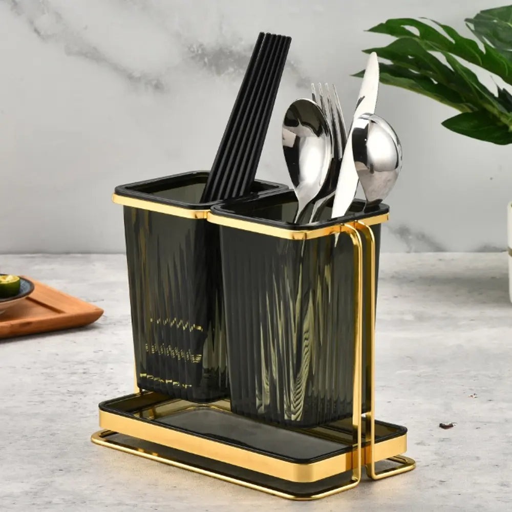 Luxury Double Compartment Cutlery Holder With Gold Stand