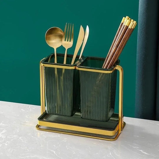 Luxury Double Compartment Cutlery Holder With Gold Stand