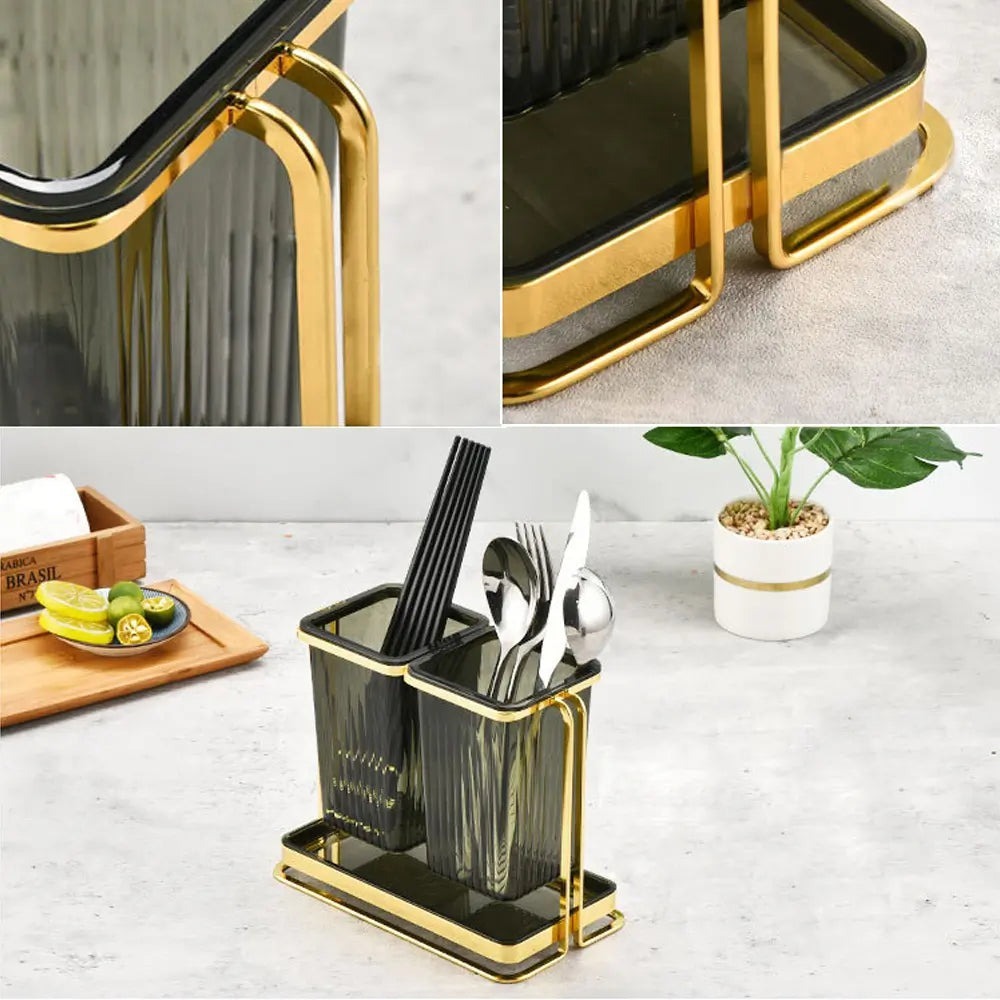 Luxury Double Compartment Cutlery Holder With Gold Stand