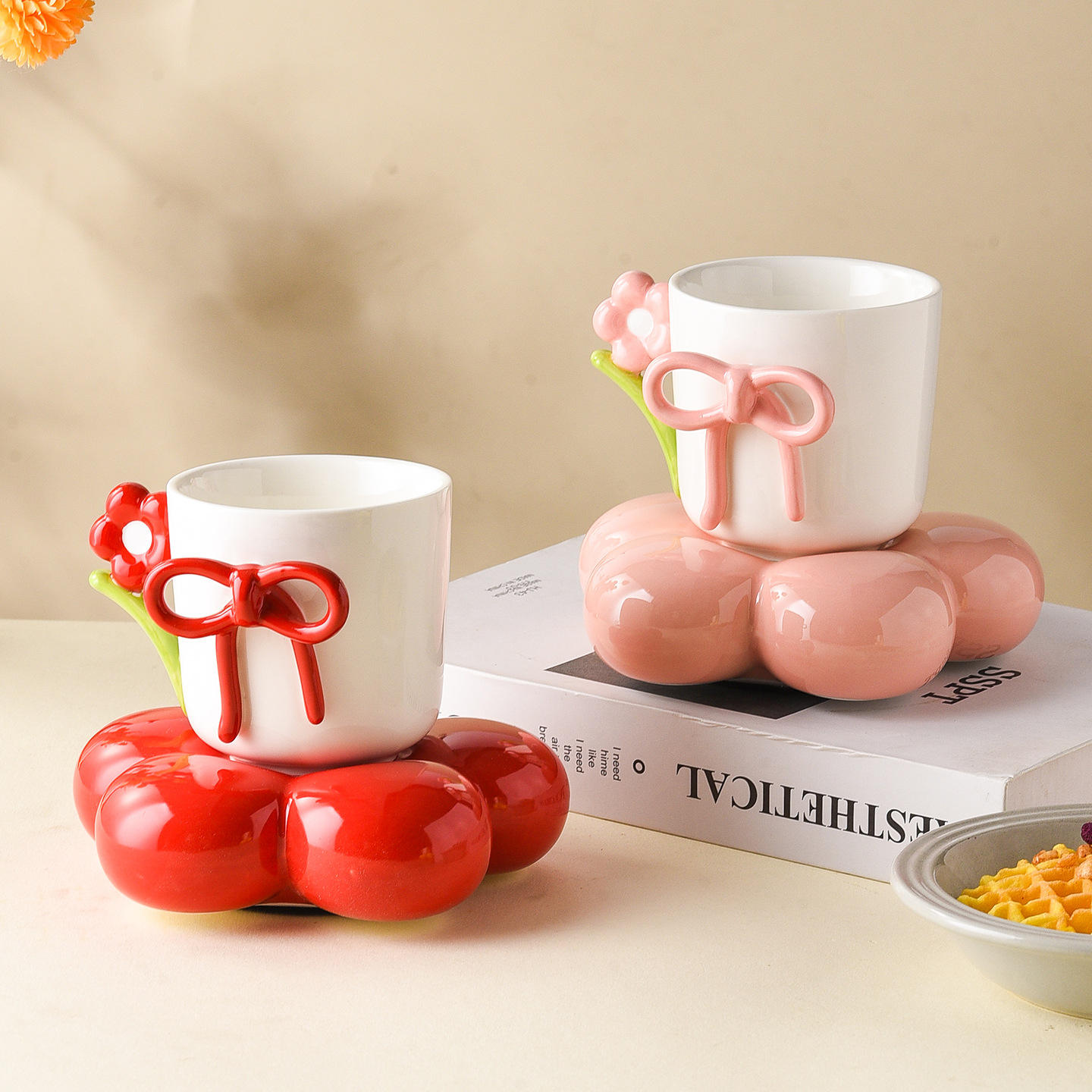 Creative Bow Ceramic Mug Home Flower Coffee Cup Saucer