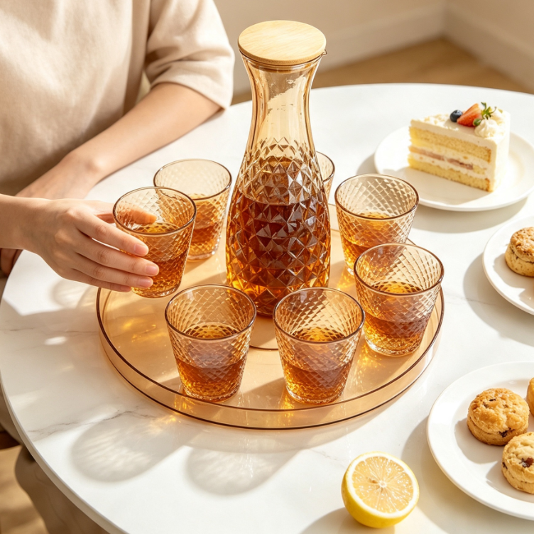 Diamond Cut Glass Jug Set with 6 Crystal Glasses