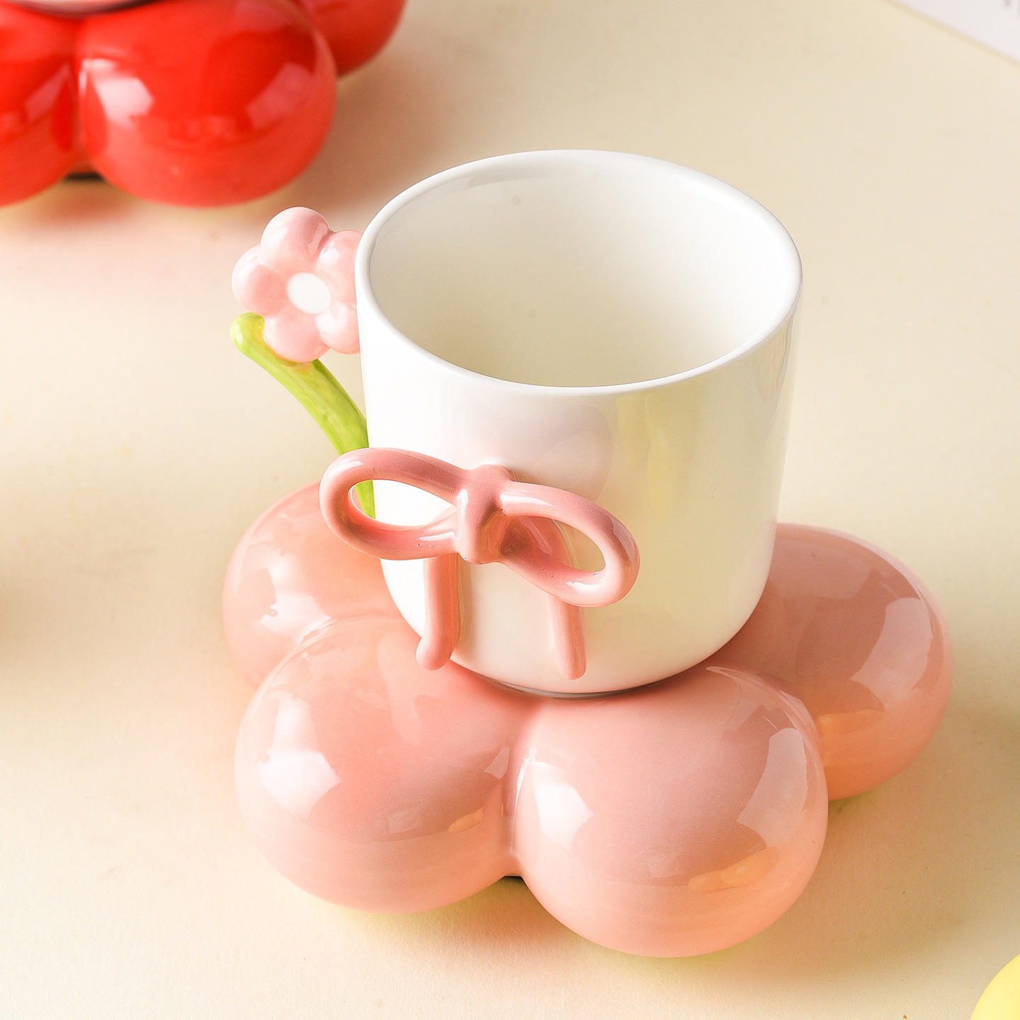 Creative Bow Ceramic Mug Home Flower Coffee Cup Saucer