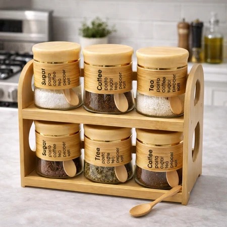 6 Pcs Glass Jar Set with Bamboo Rack
