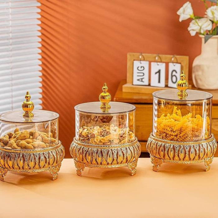 Exquisite 3-Piece Golden Base Glass Jars with Lid