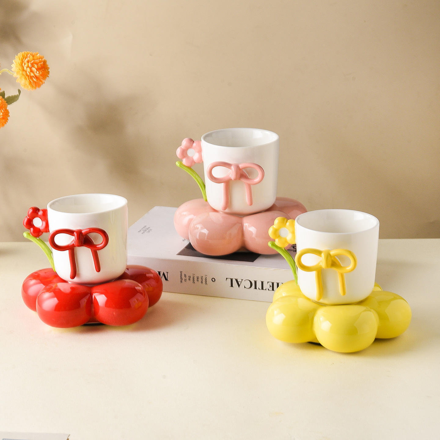 Creative Bow Ceramic Mug Home Flower Coffee Cup Saucer