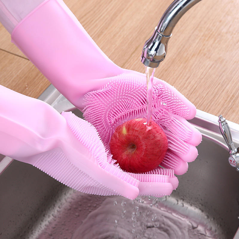 1Pair Silicone Cleaning Gloves Magic Dish Washing Rubber Sponge