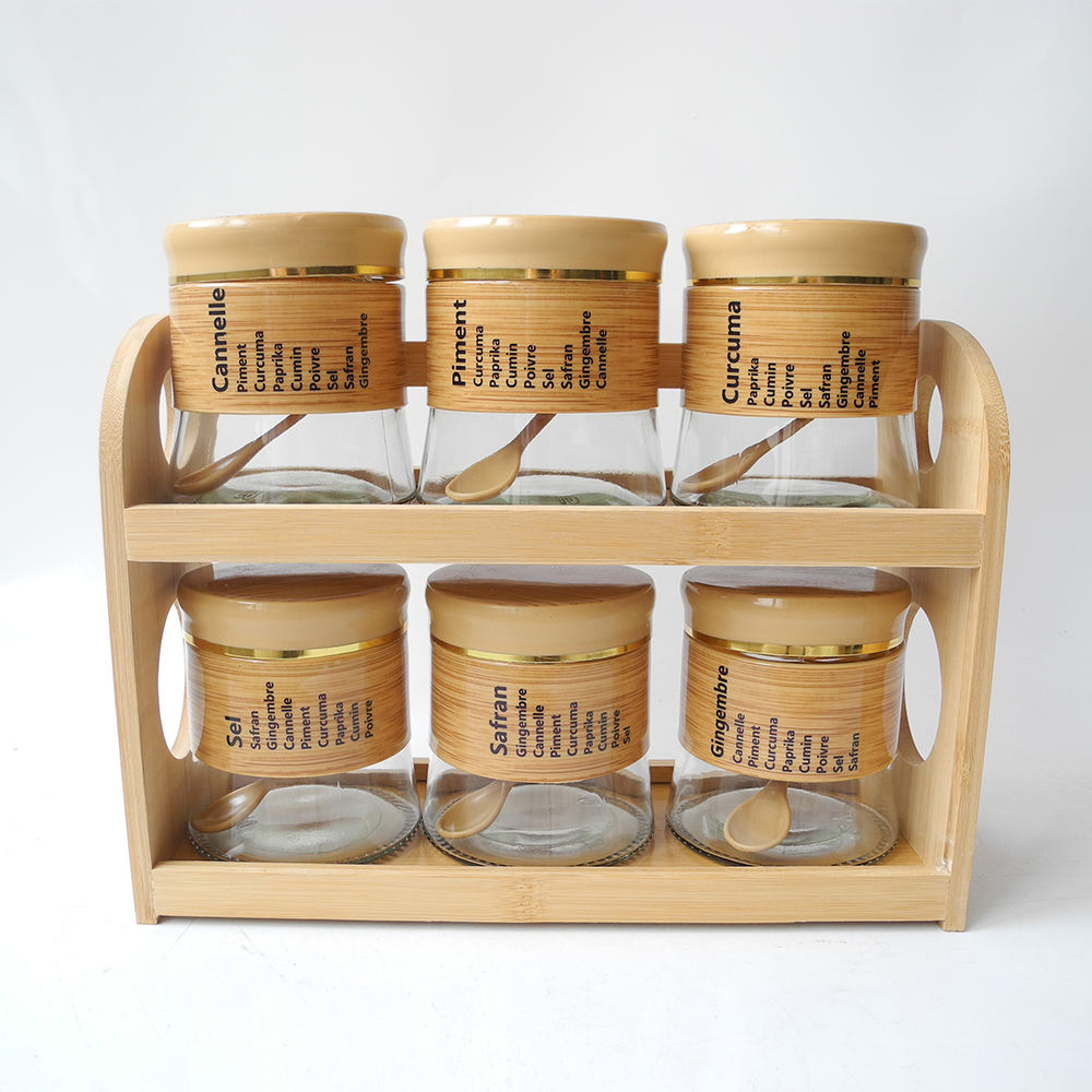 6 Pcs Glass Jar Set with Bamboo Rack