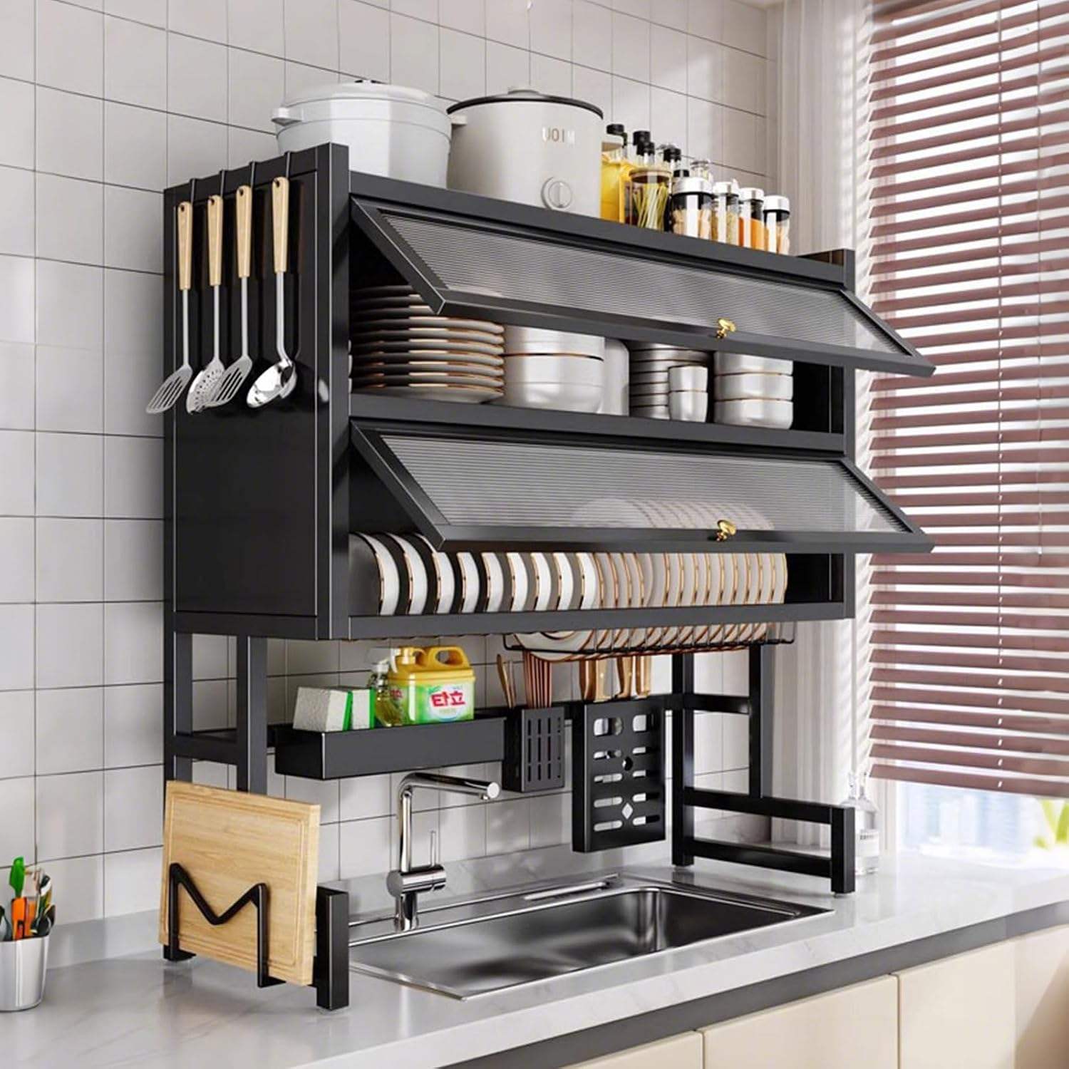 Double Layer Over The Sink Kitchen Sink Shelf Countertop Multifunctional Dish Drain Rack 85CM