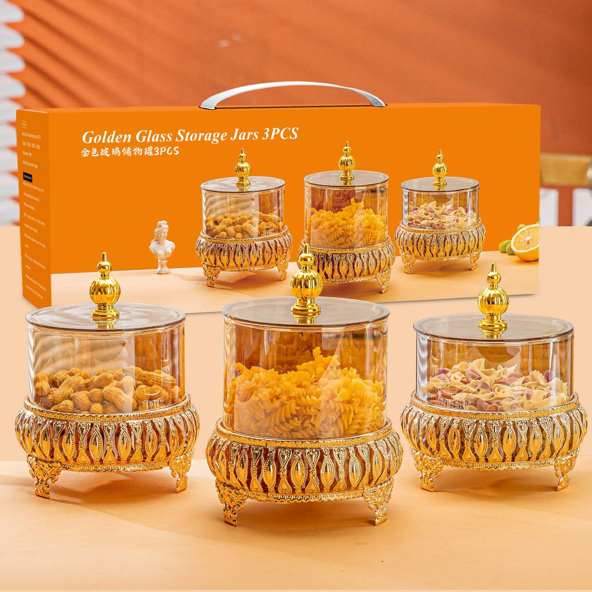 Exquisite 3-Piece Golden Base Glass Jars with Lid