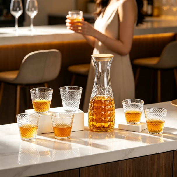 Diamond Cut Glass Jug Set with 6 Crystal Glasses