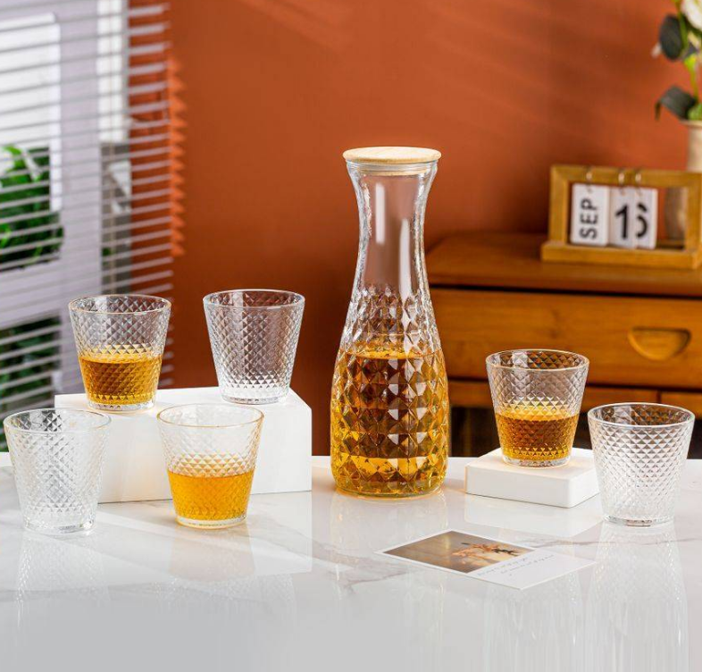 Diamond Cut Glass Jug Set with 6 Crystal Glasses