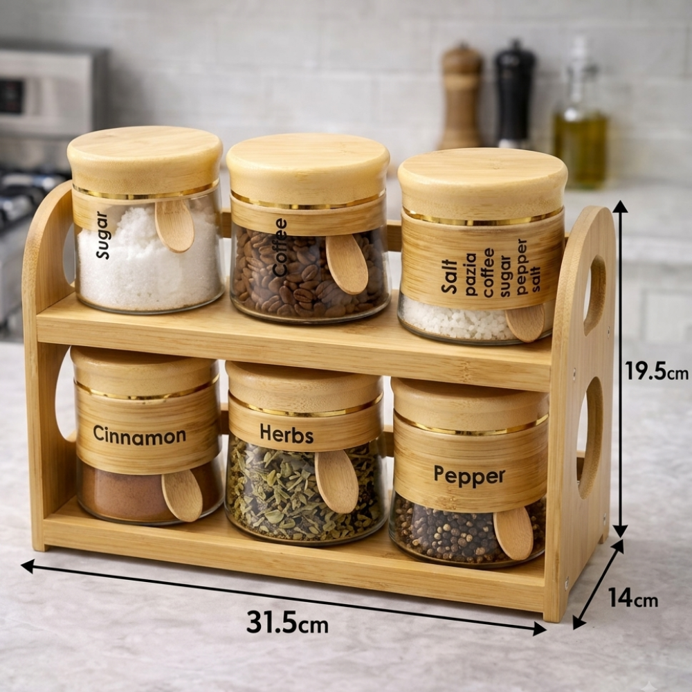 6 Pcs Glass Jar Set with Bamboo Rack