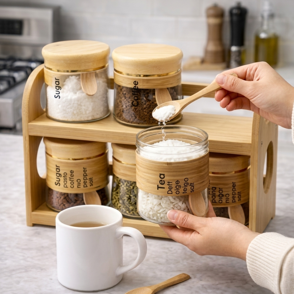 6 Pcs Glass Jar Set with Bamboo Rack