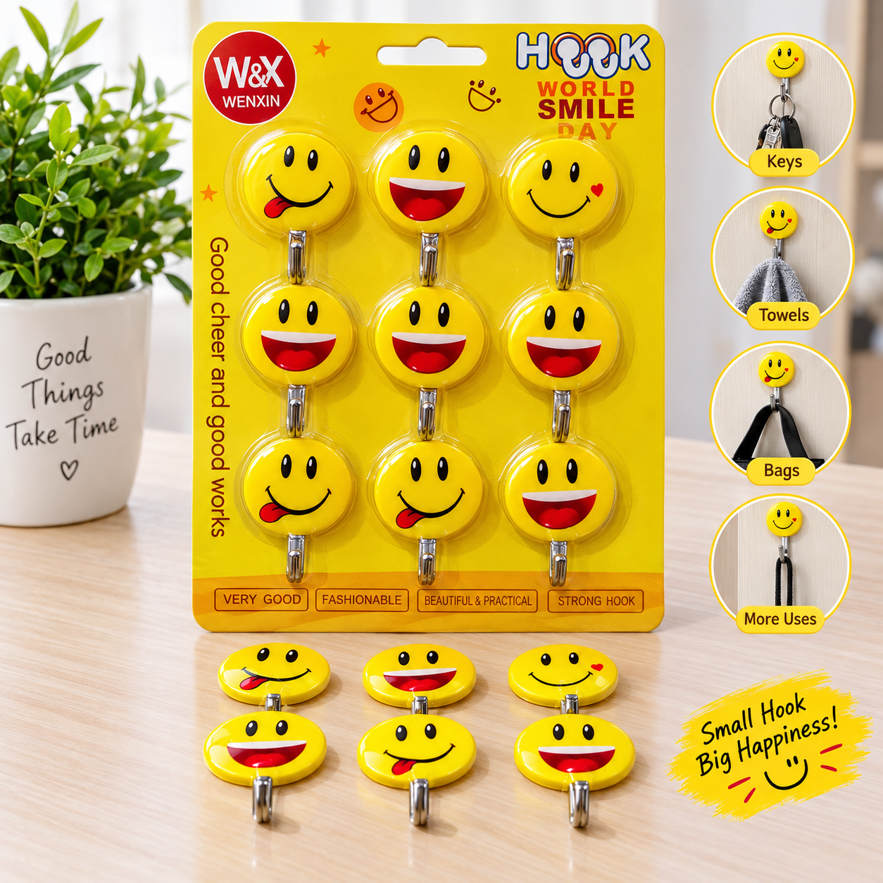 9-Piece Self-Adhesive Smiley Face Wall Hook Set