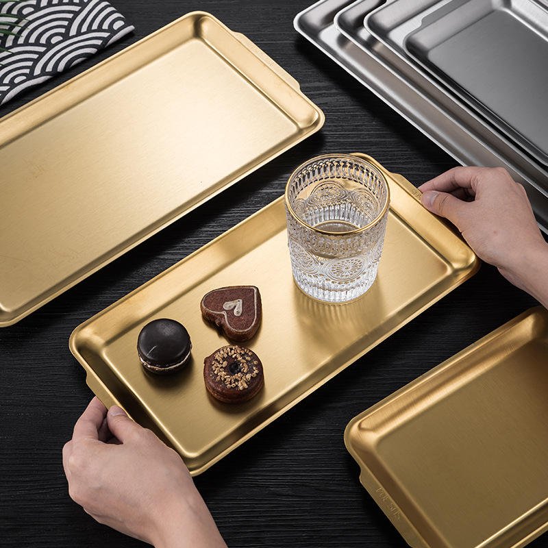 GOLDEN STAINLESS STEEL RECTANGULAR SERVING TRAY