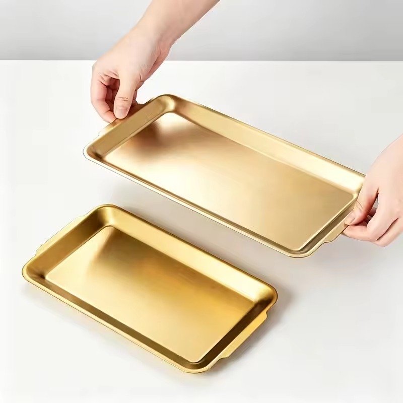GOLDEN STAINLESS STEEL RECTANGULAR SERVING TRAY