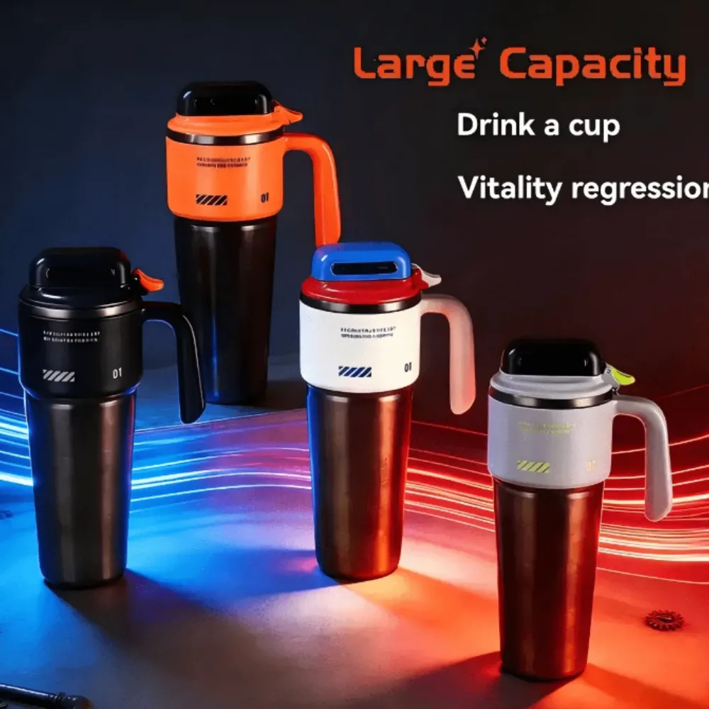 40oz Insulated Stainless Steel Tumbler with Handle – Cyberpunk Cyber-Mech Tactical Travel Mug with 3-Way Leak-Proof Lid