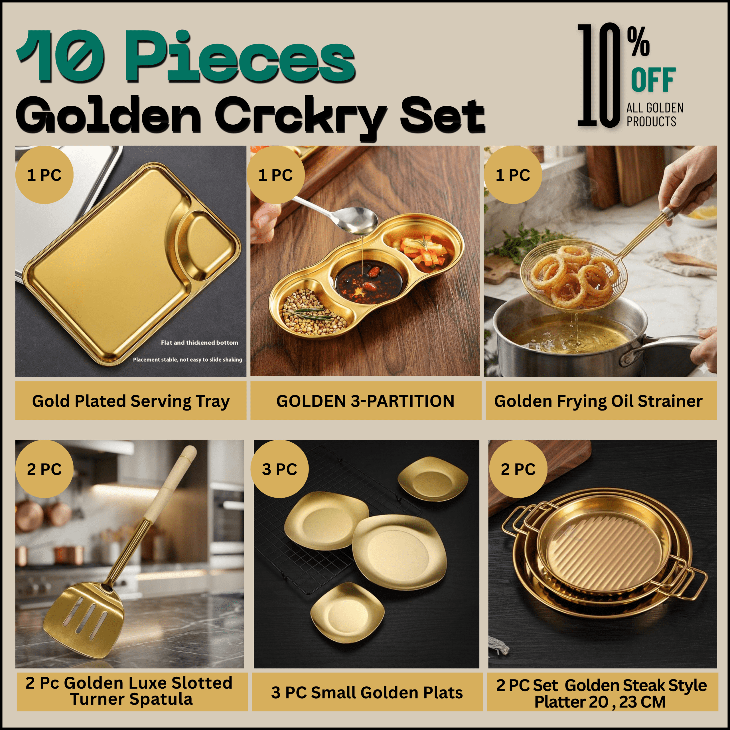 10 pieces golden crockery set design one 10 pieces golden crockery set design one